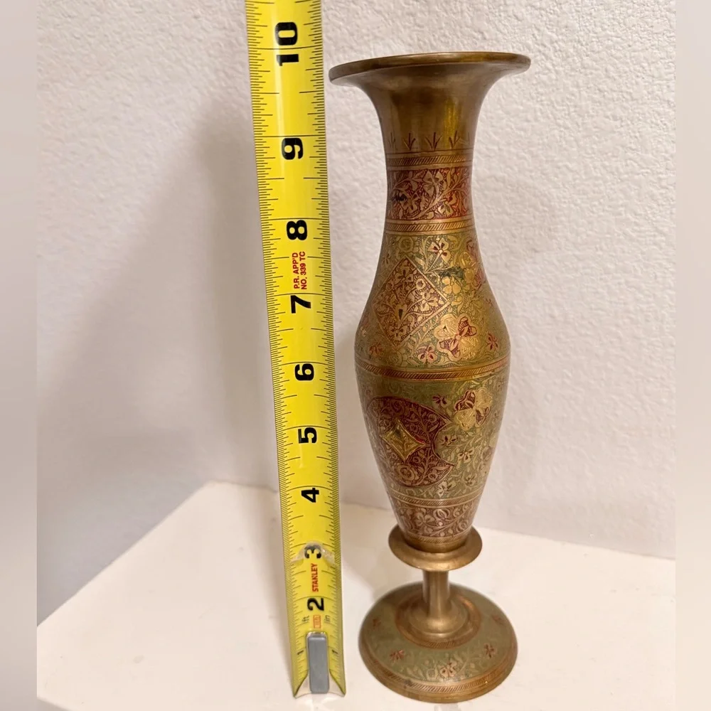 Vintage Brass Enamel Vase | Etched Floral‎ Cloisonné Style Boho Decor
